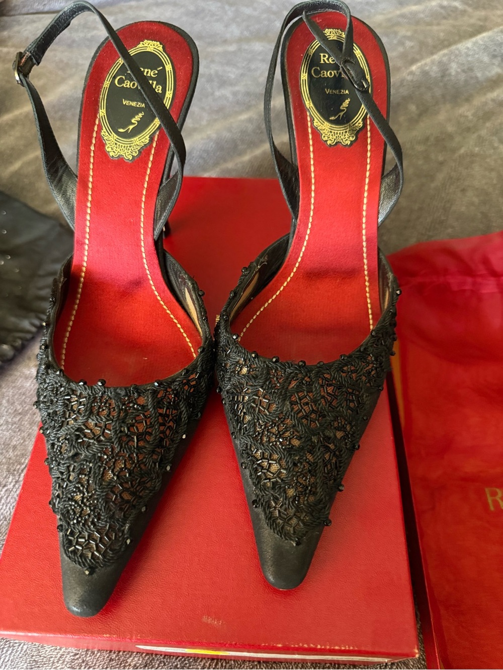 Rene Caovilla Black Beaded Pointed Slingback Heels